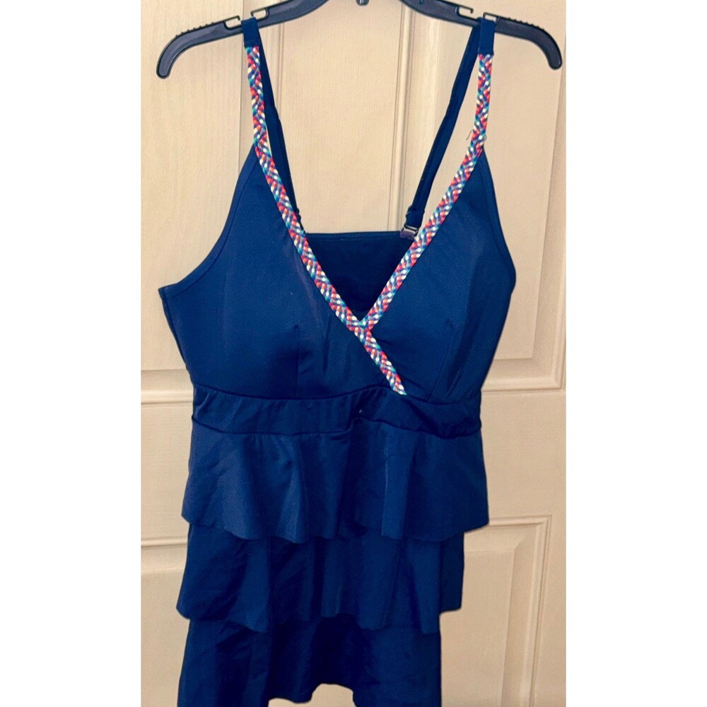 Cacique Women's Plus 16 Navy Ruffle Tankini Swim Top Rainbow Straps Adjustable